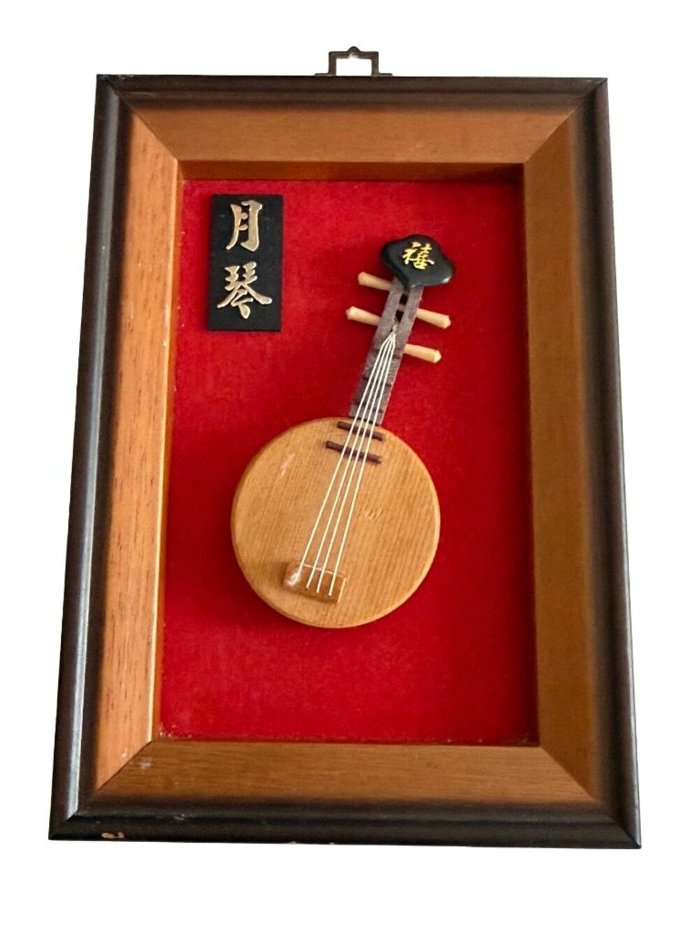 Vintage Asian Shadow Box Wall Art Miniature Lute Instrument Red Velvet Frame 8x5
